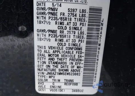 2014 Nissan Murano S/Sl/Sv/Le from USA, damaged, VIN JN8AZ1MW5EW523862